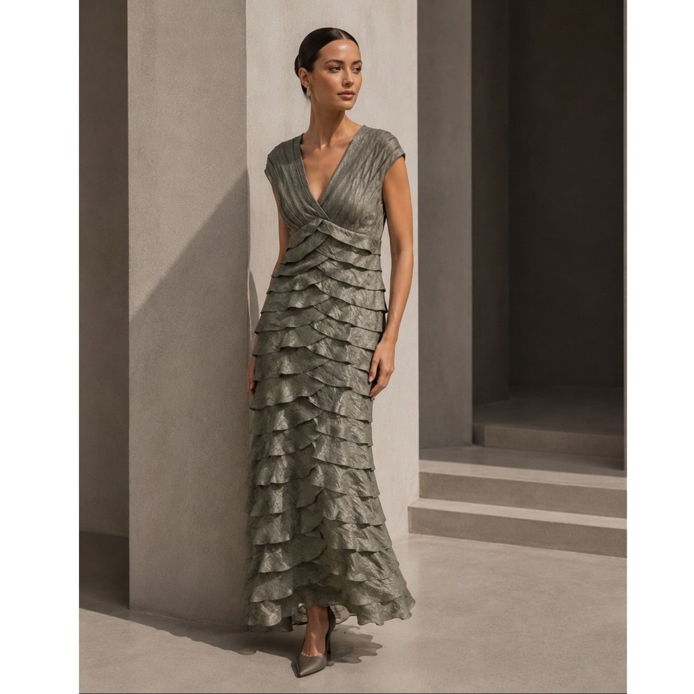 Adrianna Papell Gown Women 14 SAGE Tiered Ruffle V-Neck Formal MAXI Dress - Picture 1 of 12